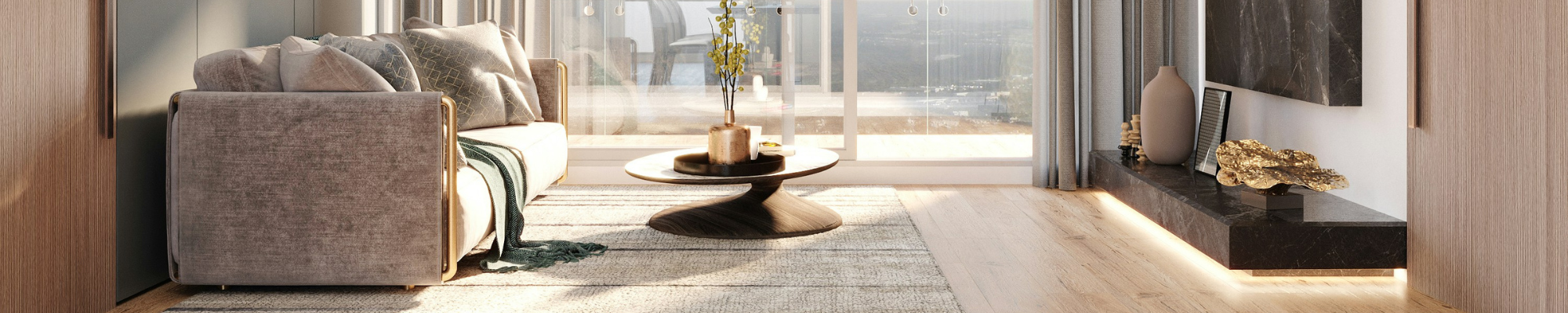 sunny living room with colourful couch and plants